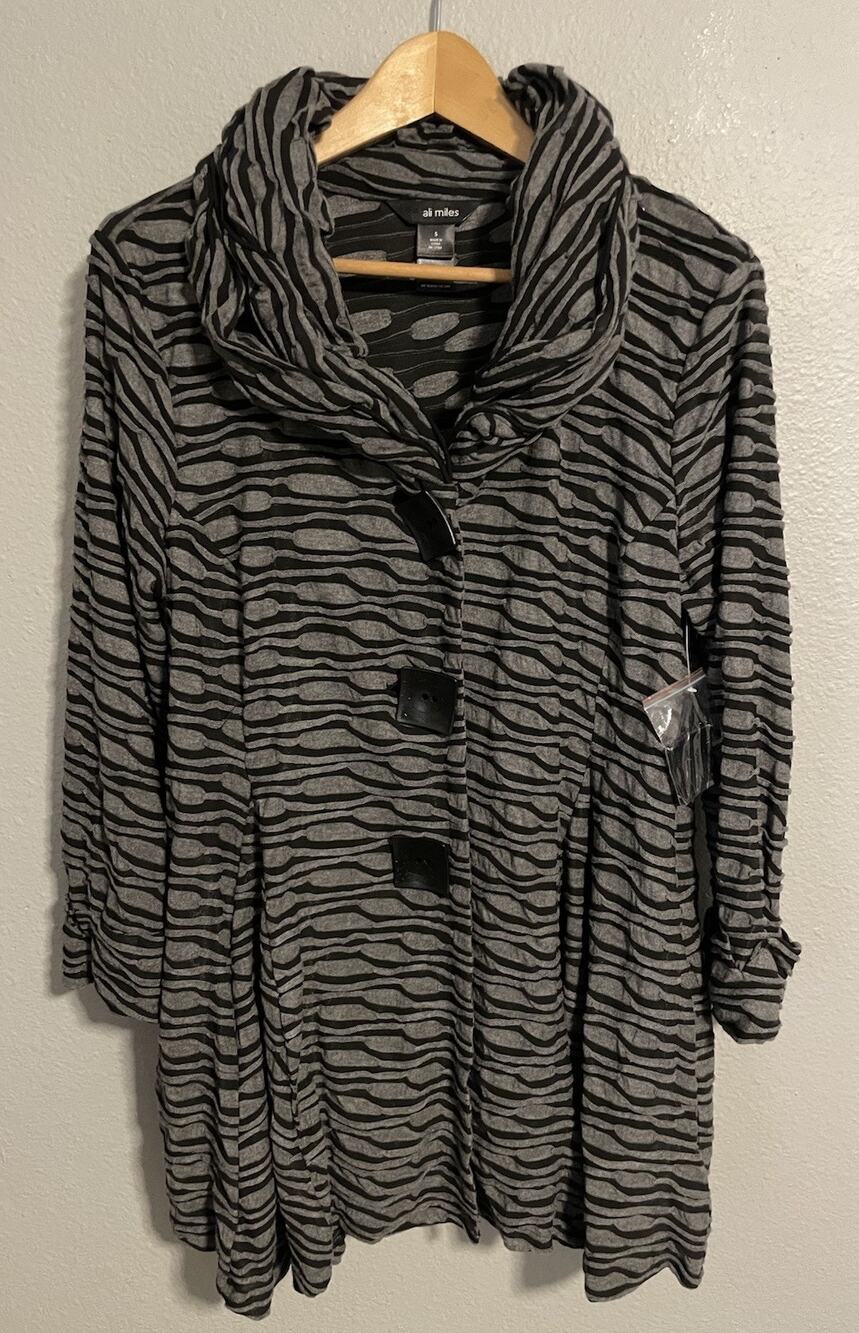 Ali Miles Womens Jacket Small Gray Black Striped Textured Wire Collar Wacky NWT